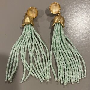 Elegant Gold and Mint Beaded Tassel Earrings